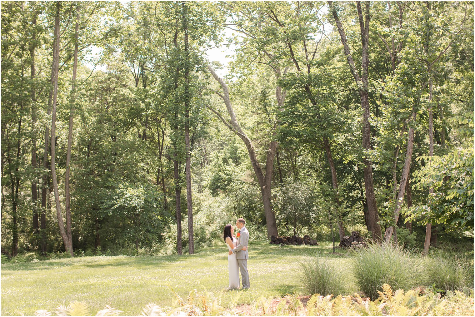 Bride and groom wedding photos in woods of New Hope PA wedding