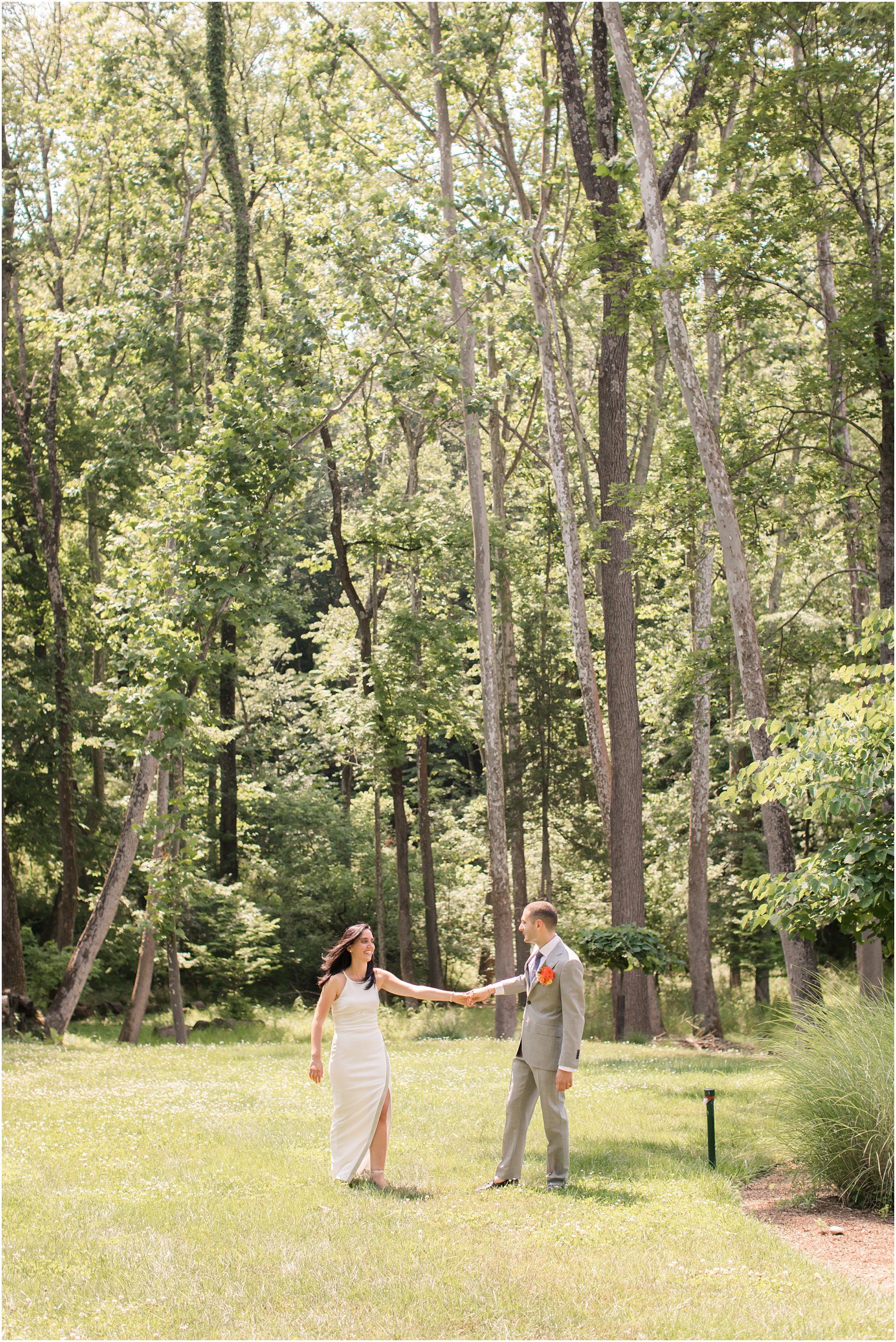 Bride and groom wedding photos in woods of New Hope PA wedding