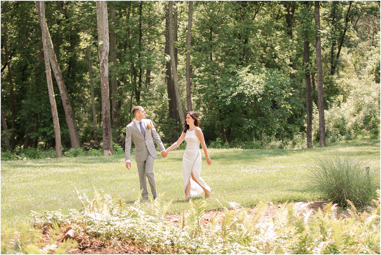 Bride and groom wedding photos in woods of New Hope PA wedding