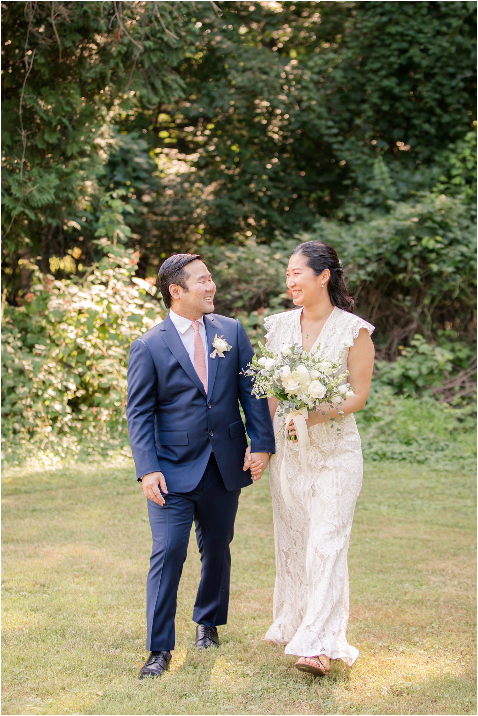 Bride and groom walking happily