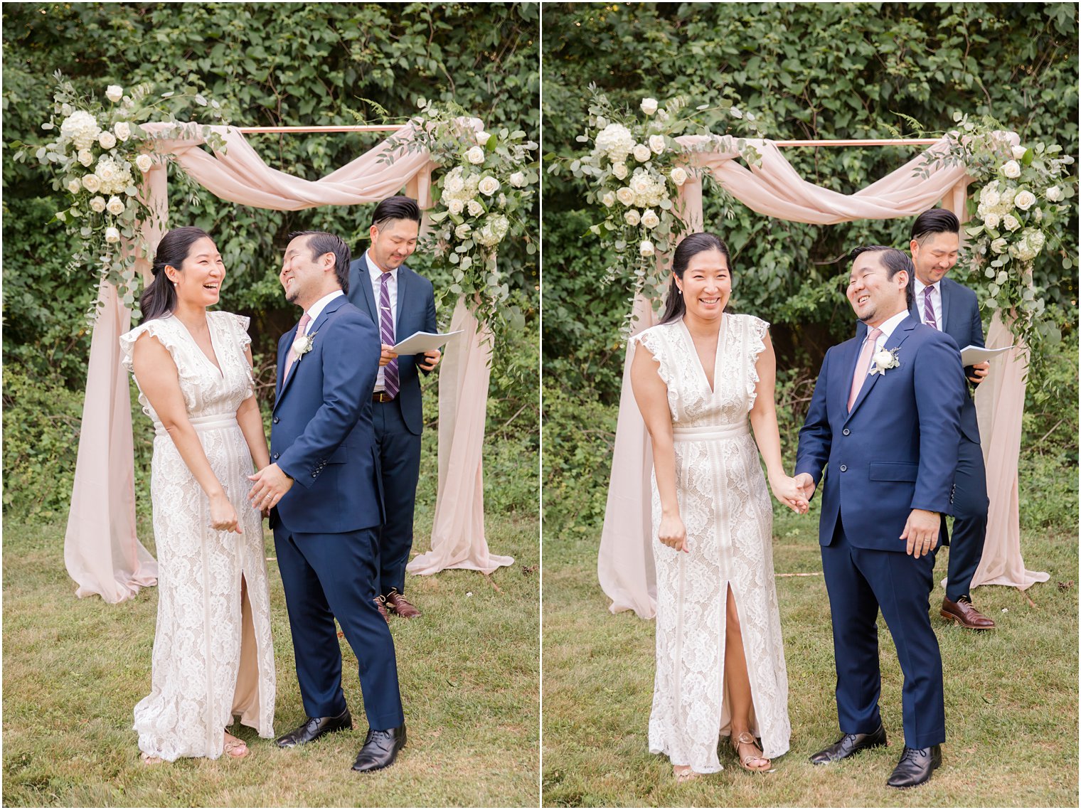 Joyful couple after first kiss during NJ Intimate Wedding with a Gorgeous Arch by Idalia Photography