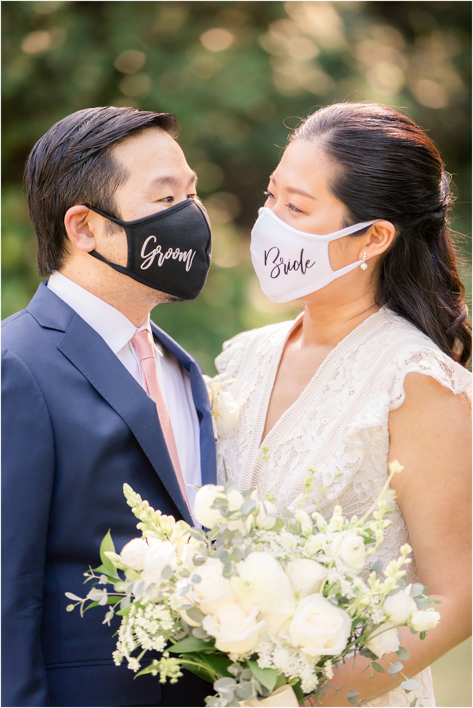 Bride and groom with COVID-19 face coverings