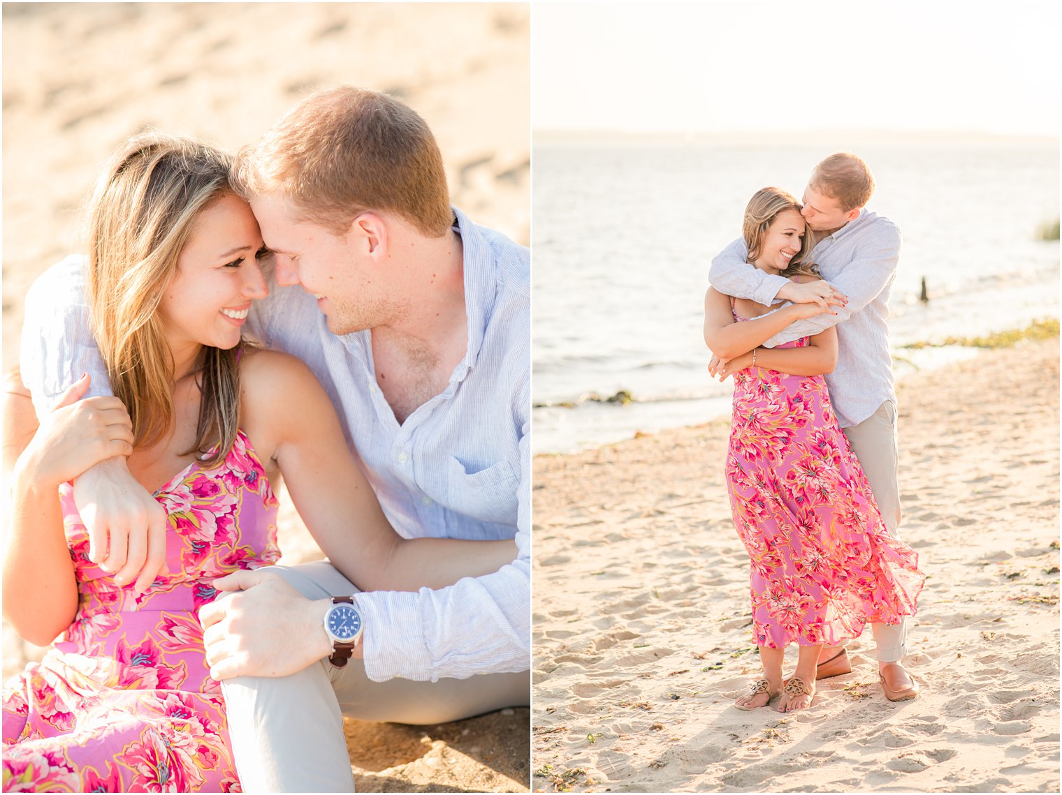 Engaged couple hugging at Sandy Hook 