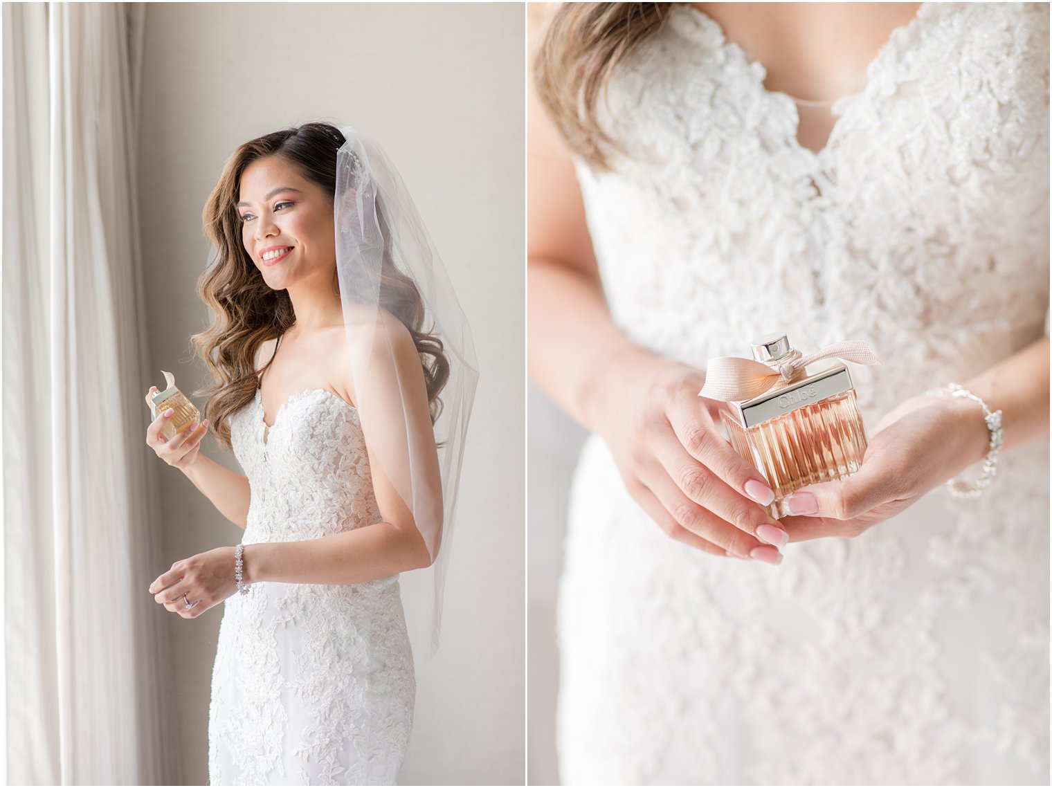 Bride putting on perfume on her wedding day