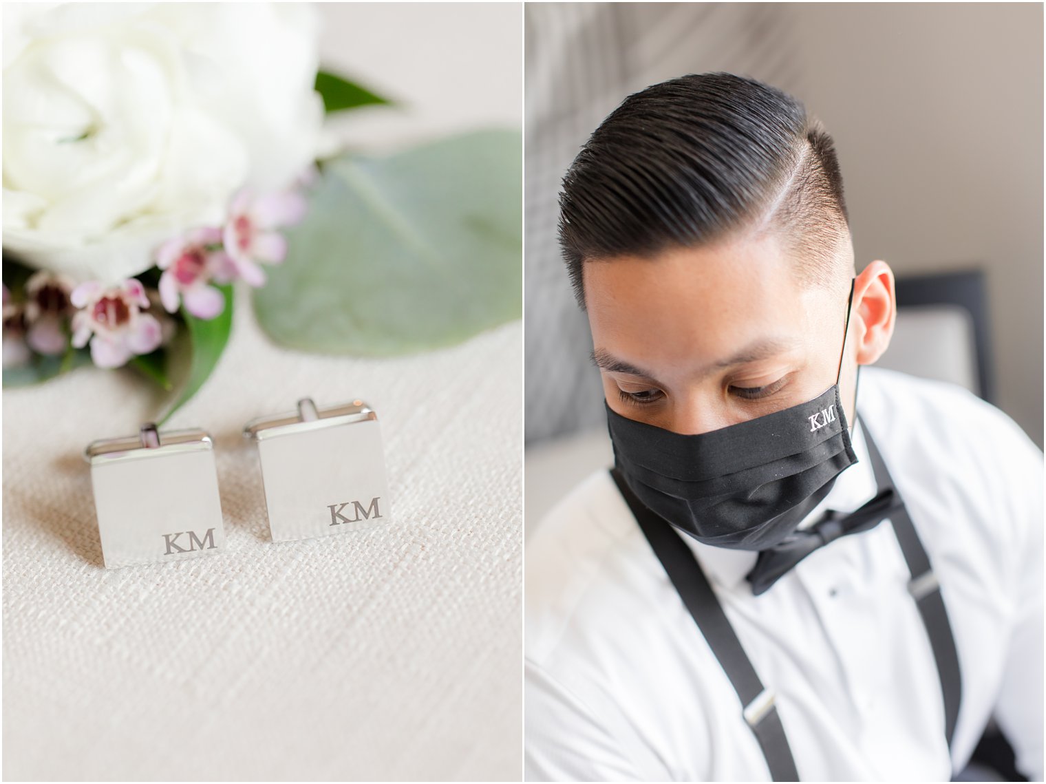 Groom with monogrammed face mask
