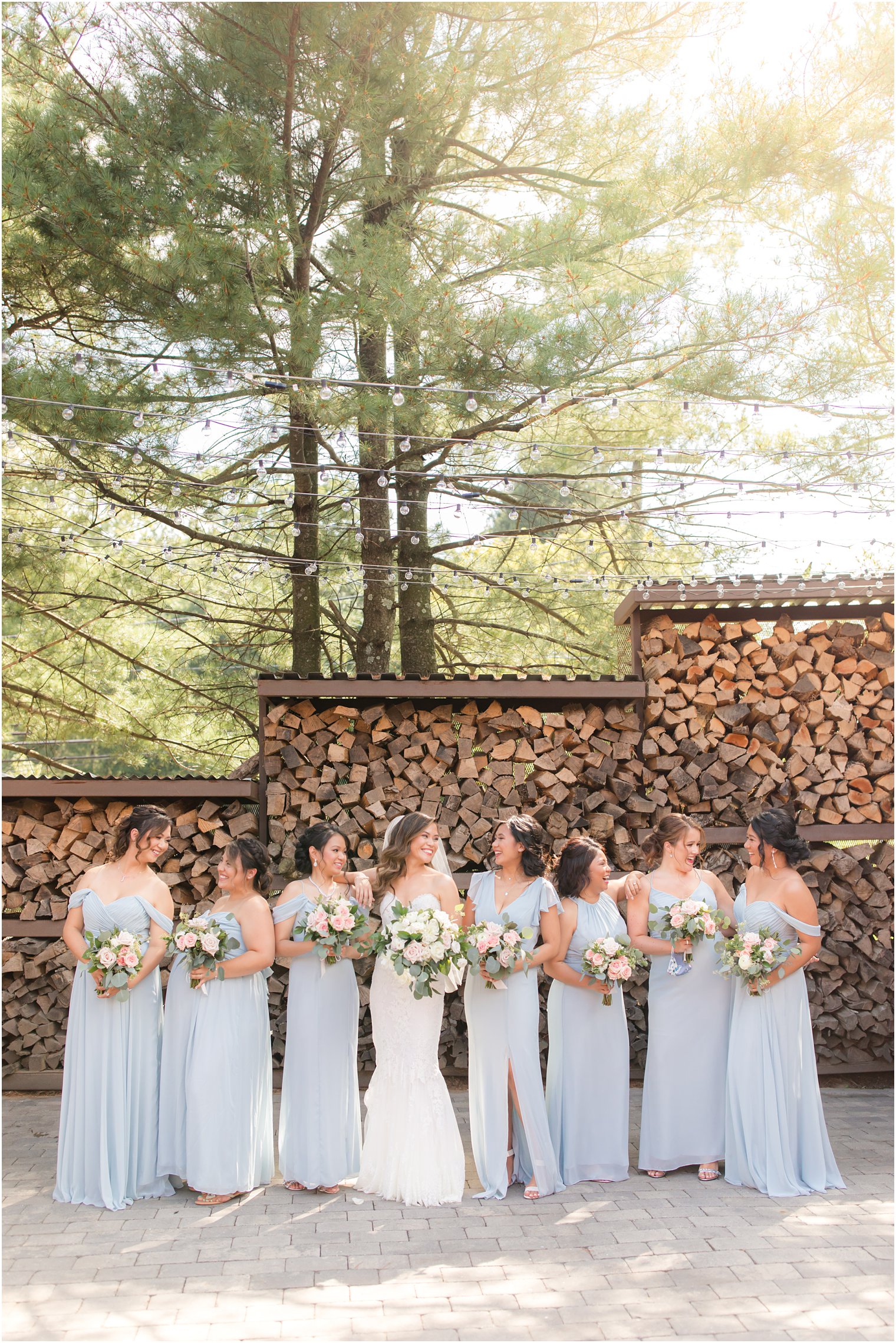 Bridesmaids wearing blue dresses