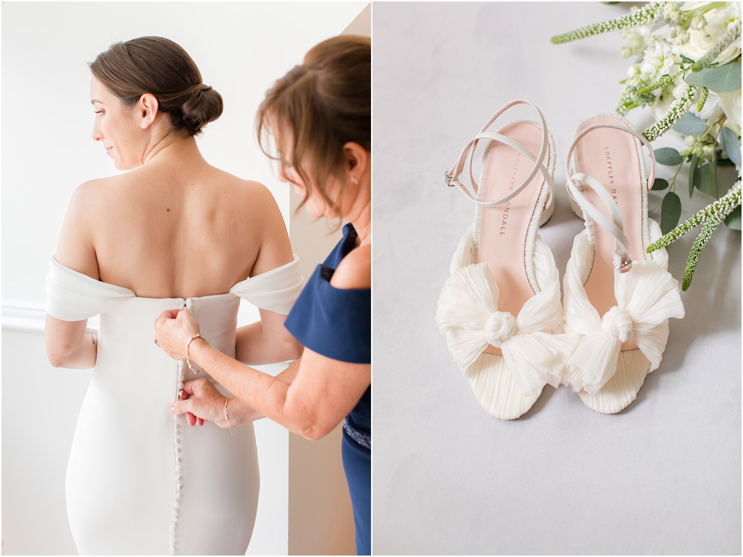 mother of the bride helping bride get dressed