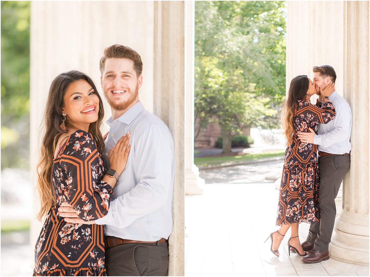 Biracial couple posing for engagement photos at Princeton University Engagement Session