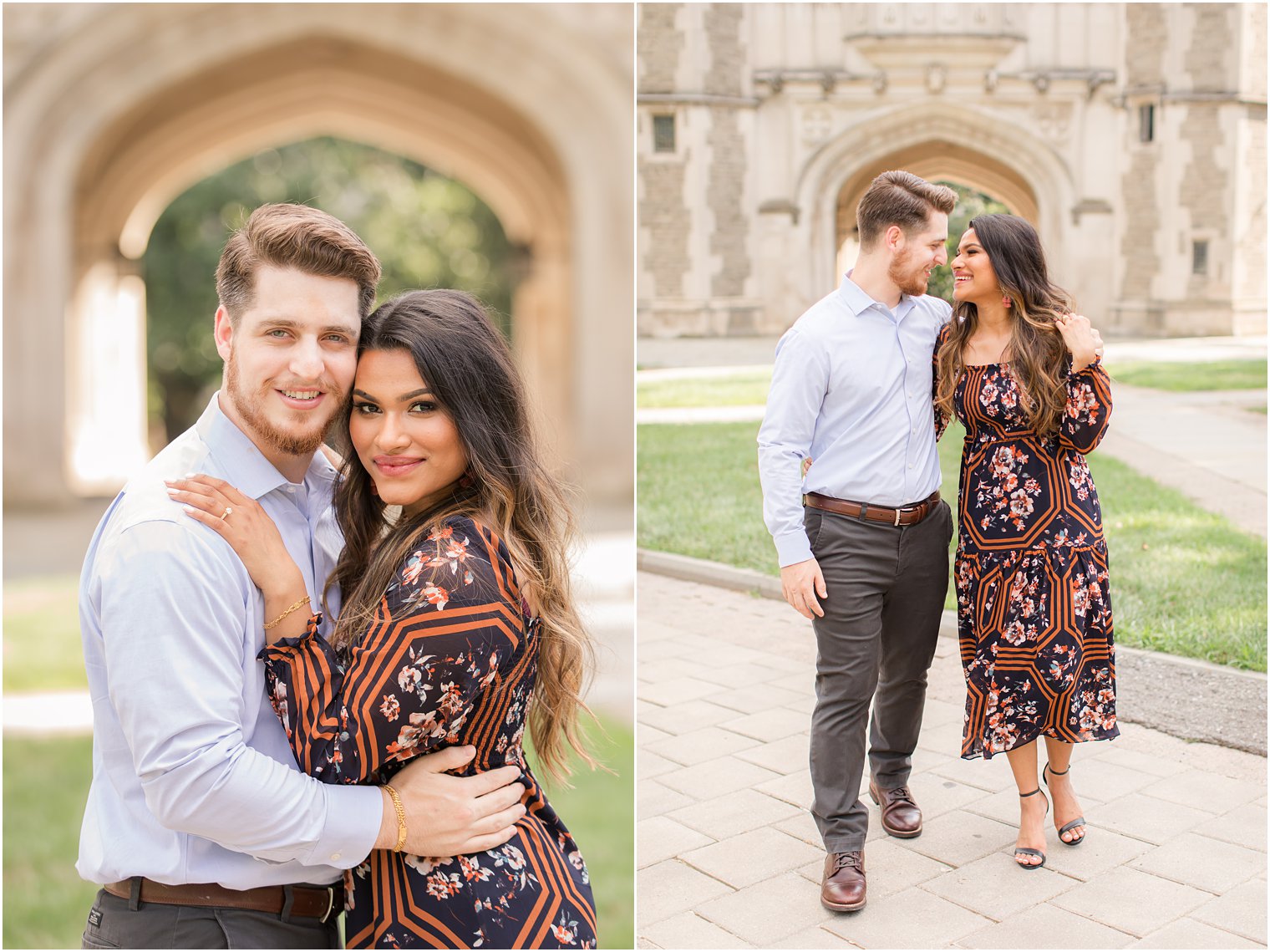 Engaged couple posing for photos on university campus