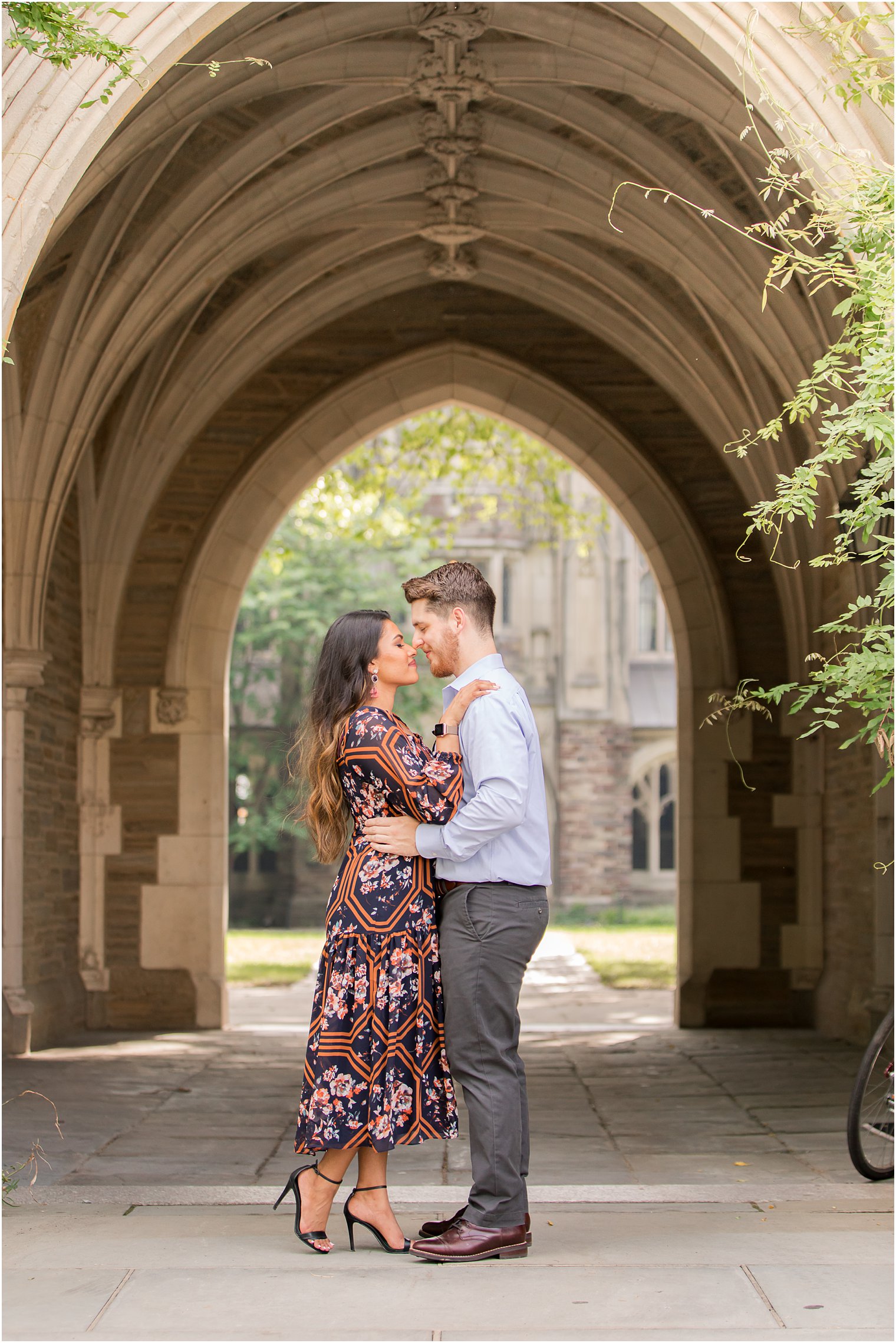 Romantic bride and groom photo under arch at Princeton University Engagement Session