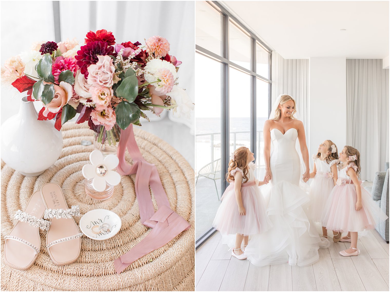 bride poses with three flower girls at Wave Resort on the Jersey Shore