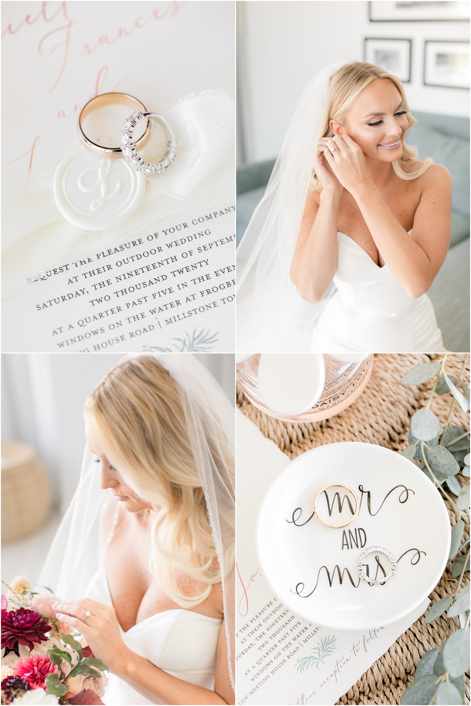 bride prepares for New Jersey wedding and wedding rings rest on invitations 
