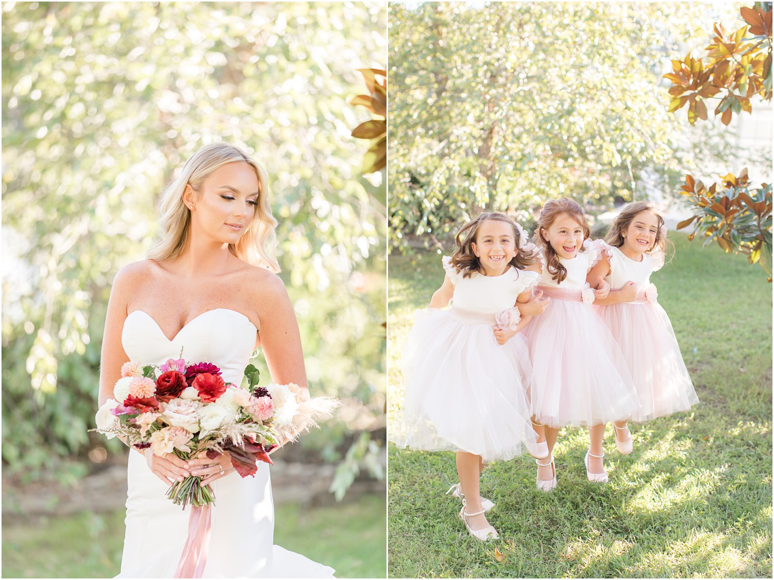 bride looks over shoulder holding wedding bouquet while three flower girls run