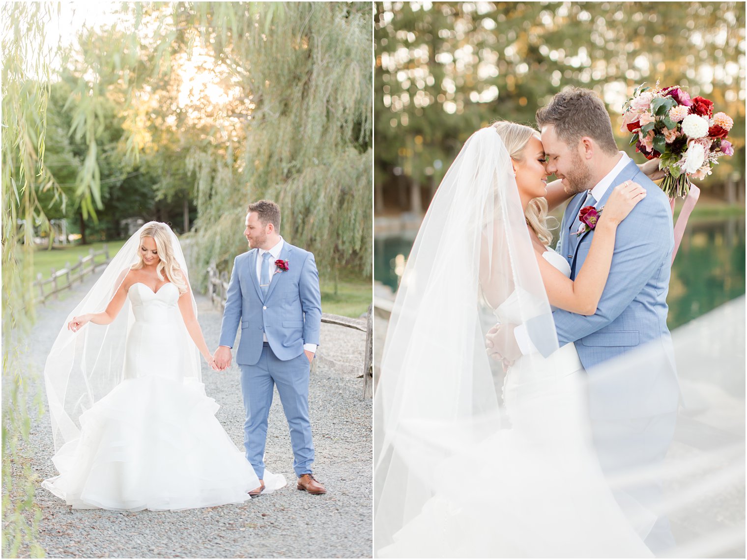 bride shows off veil during bride and groom portraits at Windows on the Water at Frogbridge