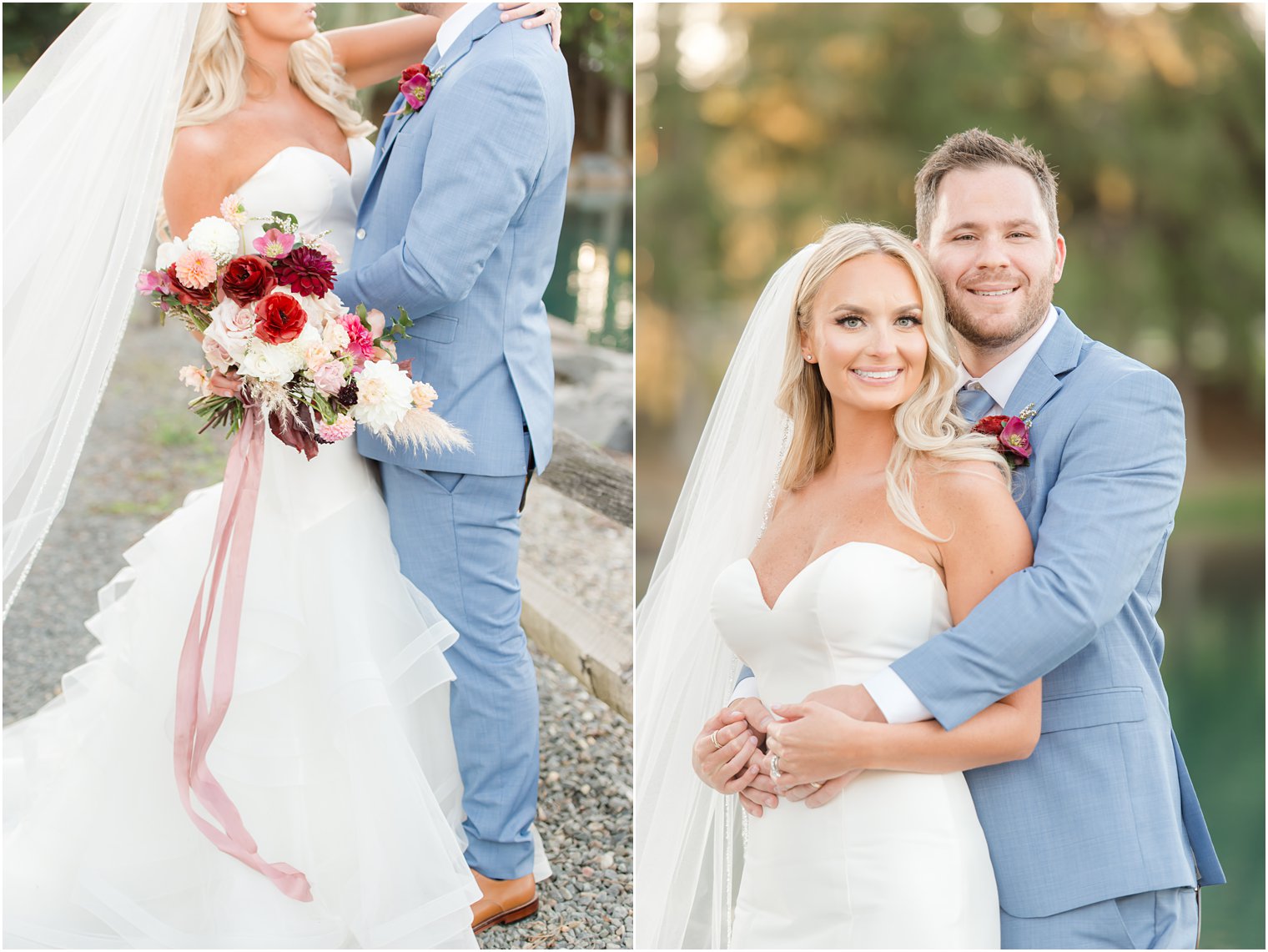 New Jersey bride and groom pose at Windows on the Water at Frogbridge with bouquet with pink ribbon