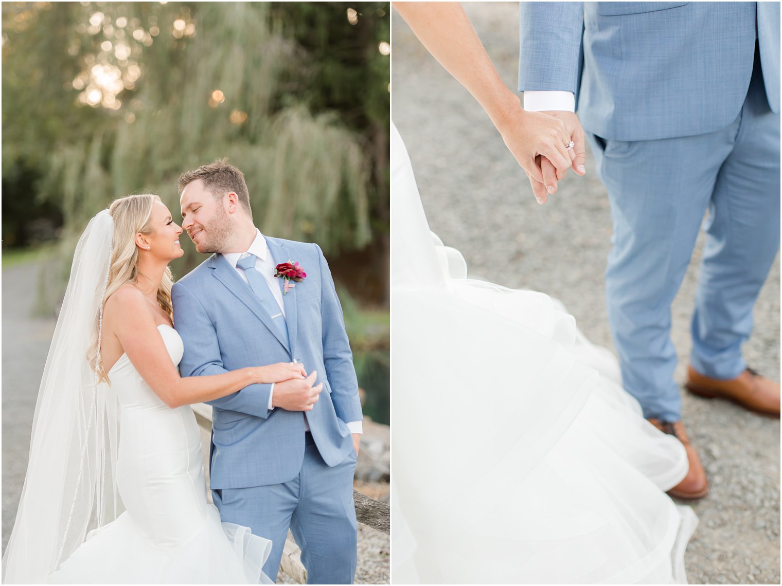 bride and groom hold hands walking through Millstone NJ wedding venue