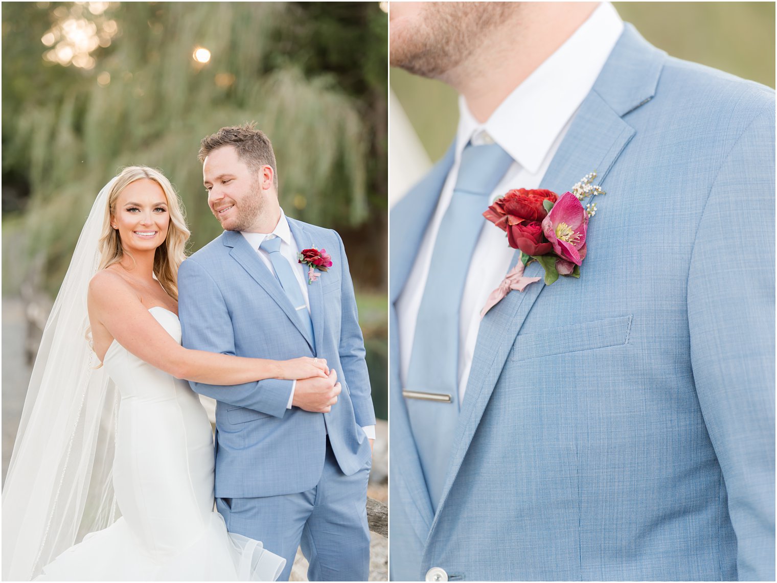 bride holds groom's hand during NJ wedding photos at Windows on the Water at Frogbridge