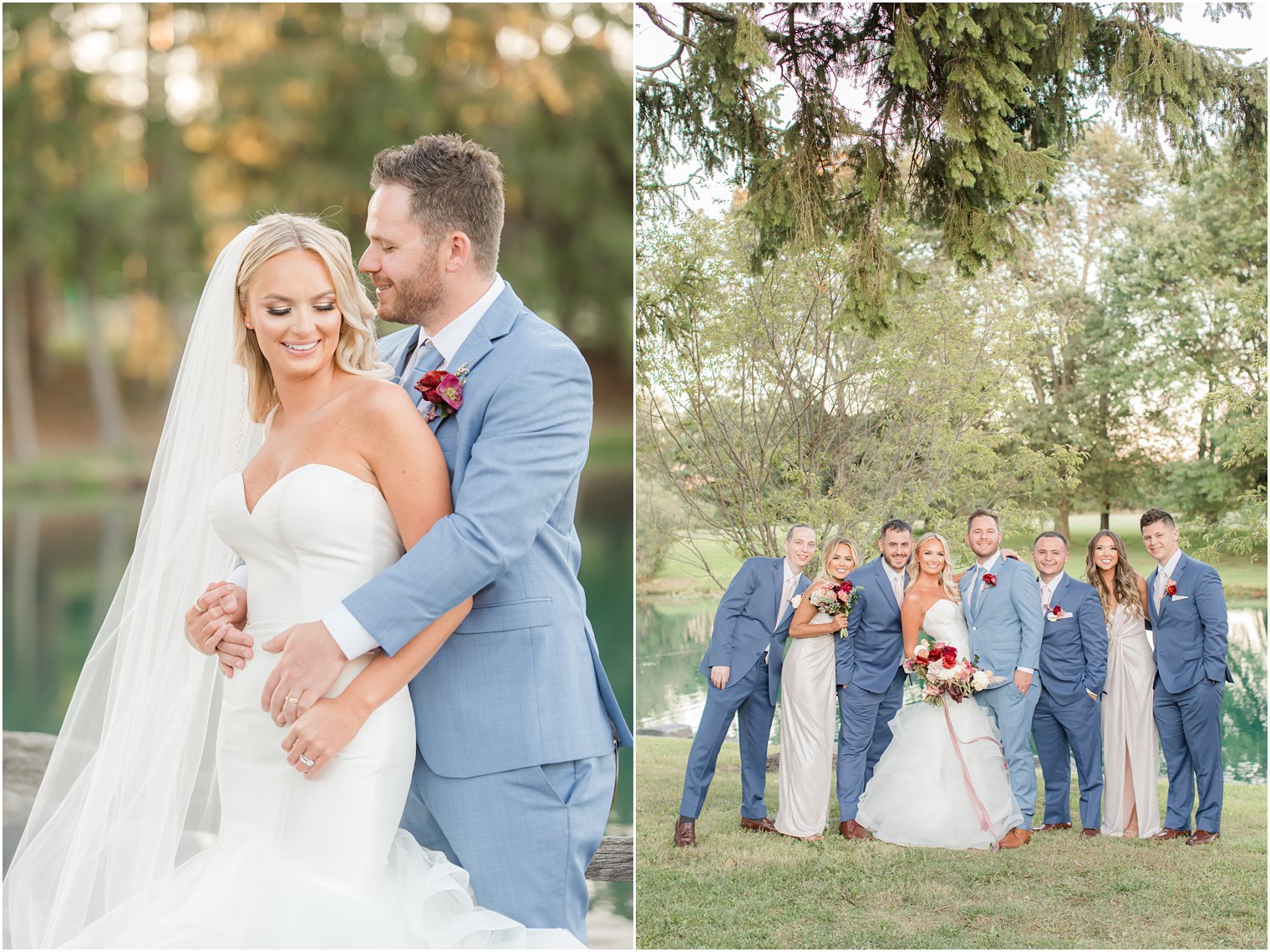 bride and groom pose with bridal party in blue suits bridesmaids in metallic gowns