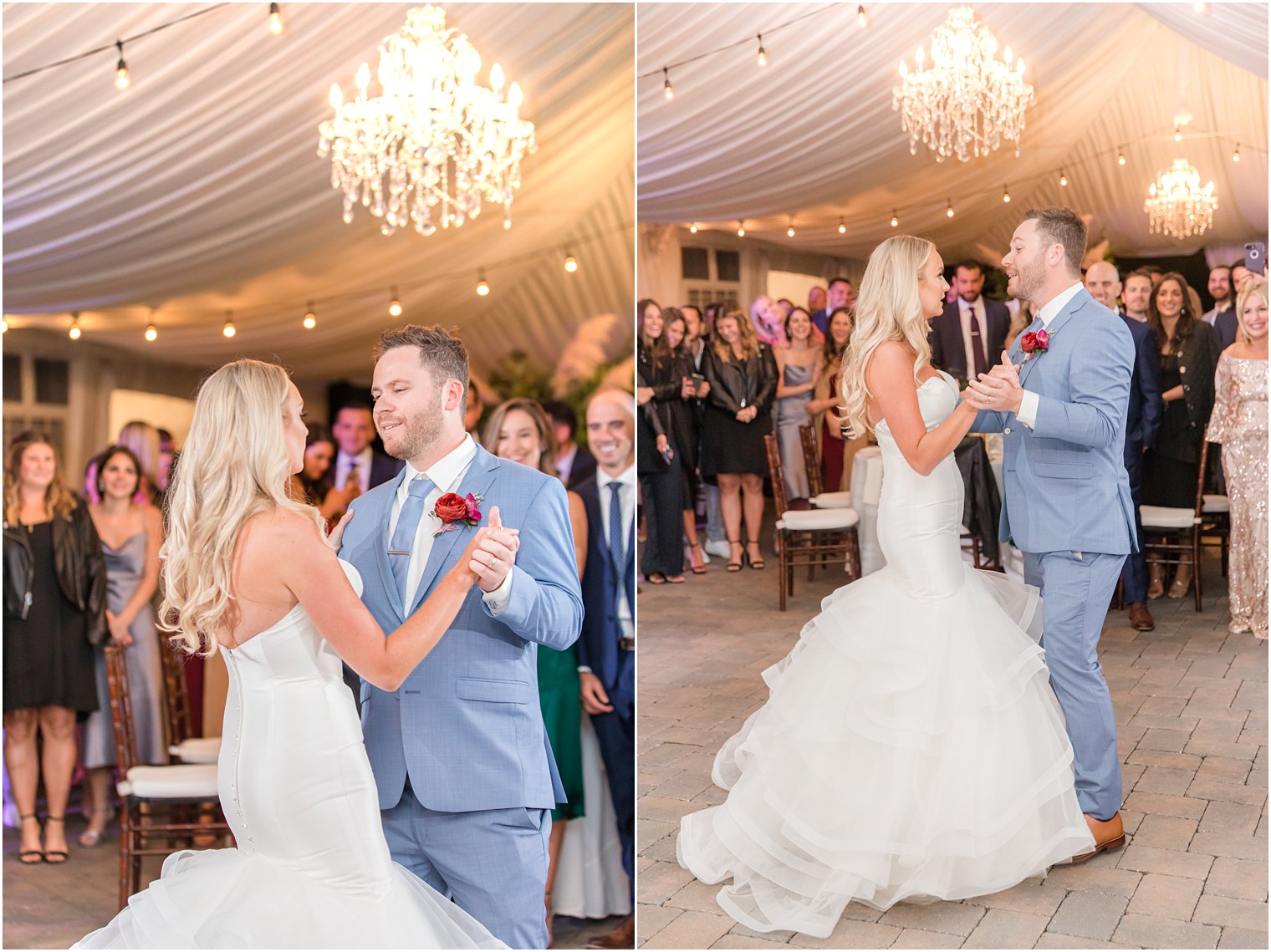 bride and groom dance under tent during Windows on the Water at Frogbridge wedding reception