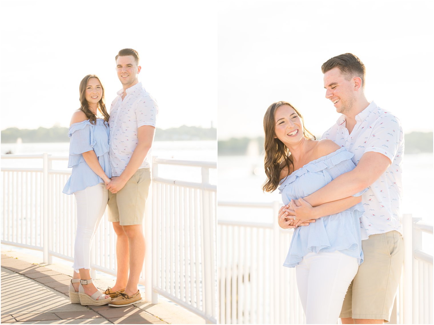 couple poses on 9th Ave Pier in Belmar NJ