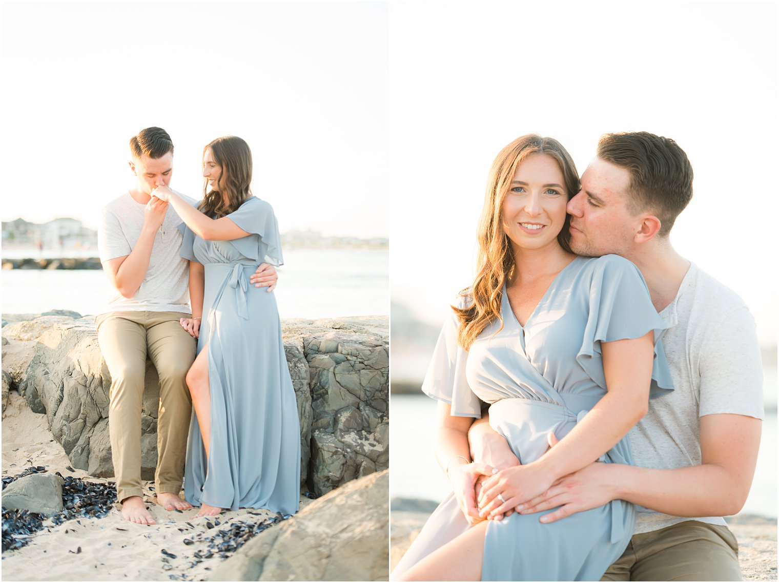 bride and groom pose by rocks during Belmar NJ Engagement Session