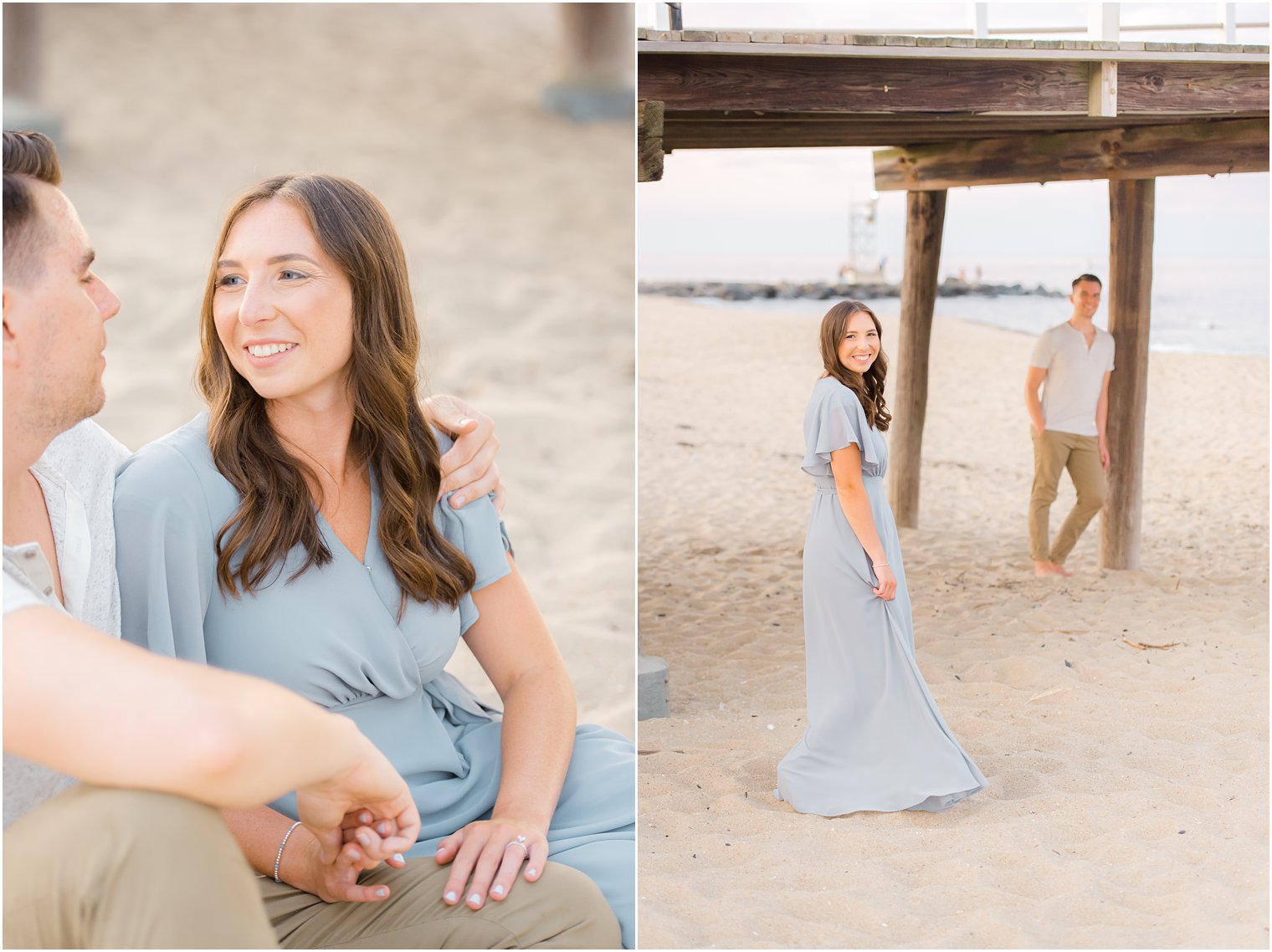 couple poses under the boardwalk in New Jersey for engagement photos