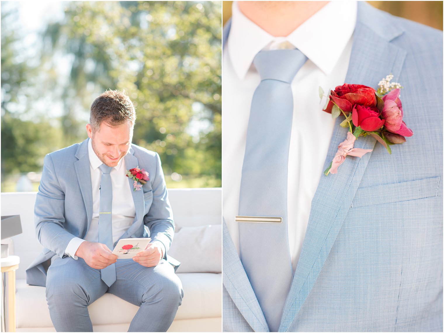 groom in light blue suit reads gift from bride on wedding day morning
