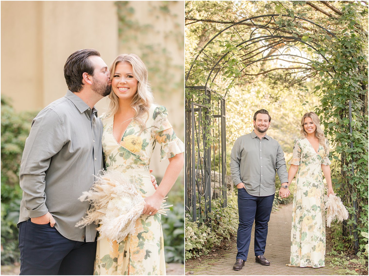 bride and groom walk through gardens for engagement session