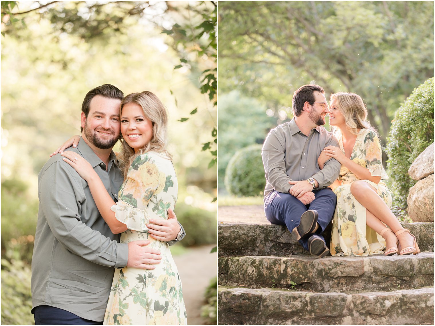 bride and groom pose in New Jersey gardens for engagement photos