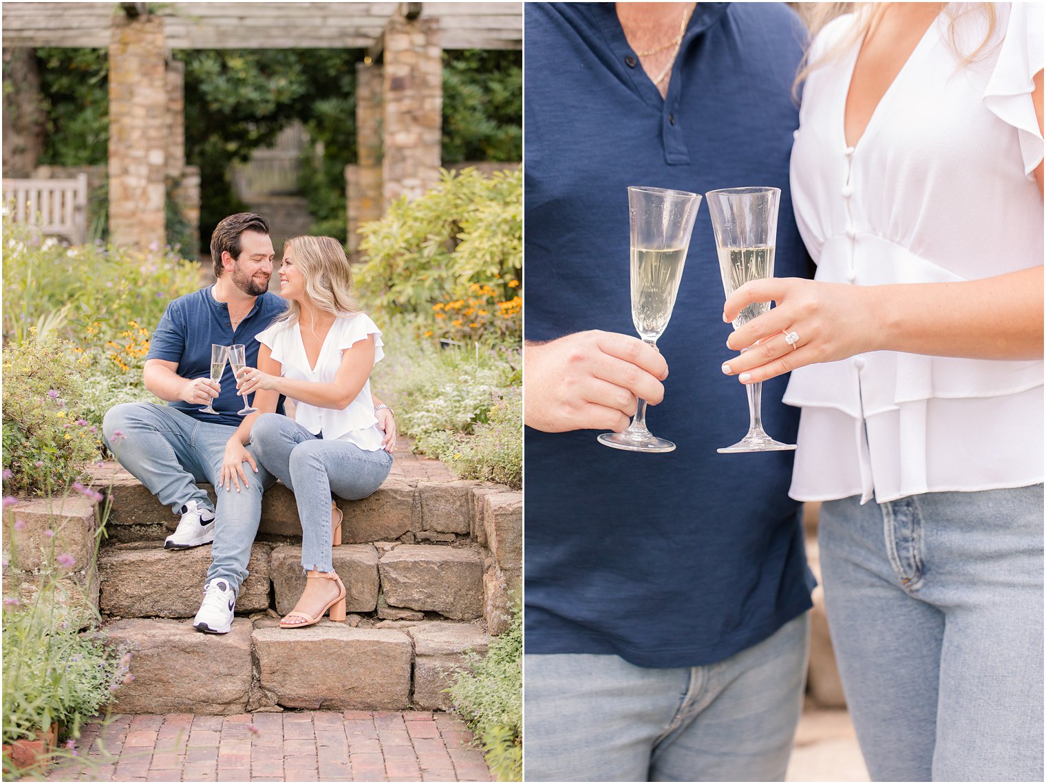 engaged couple toasts during NJ engagement photos