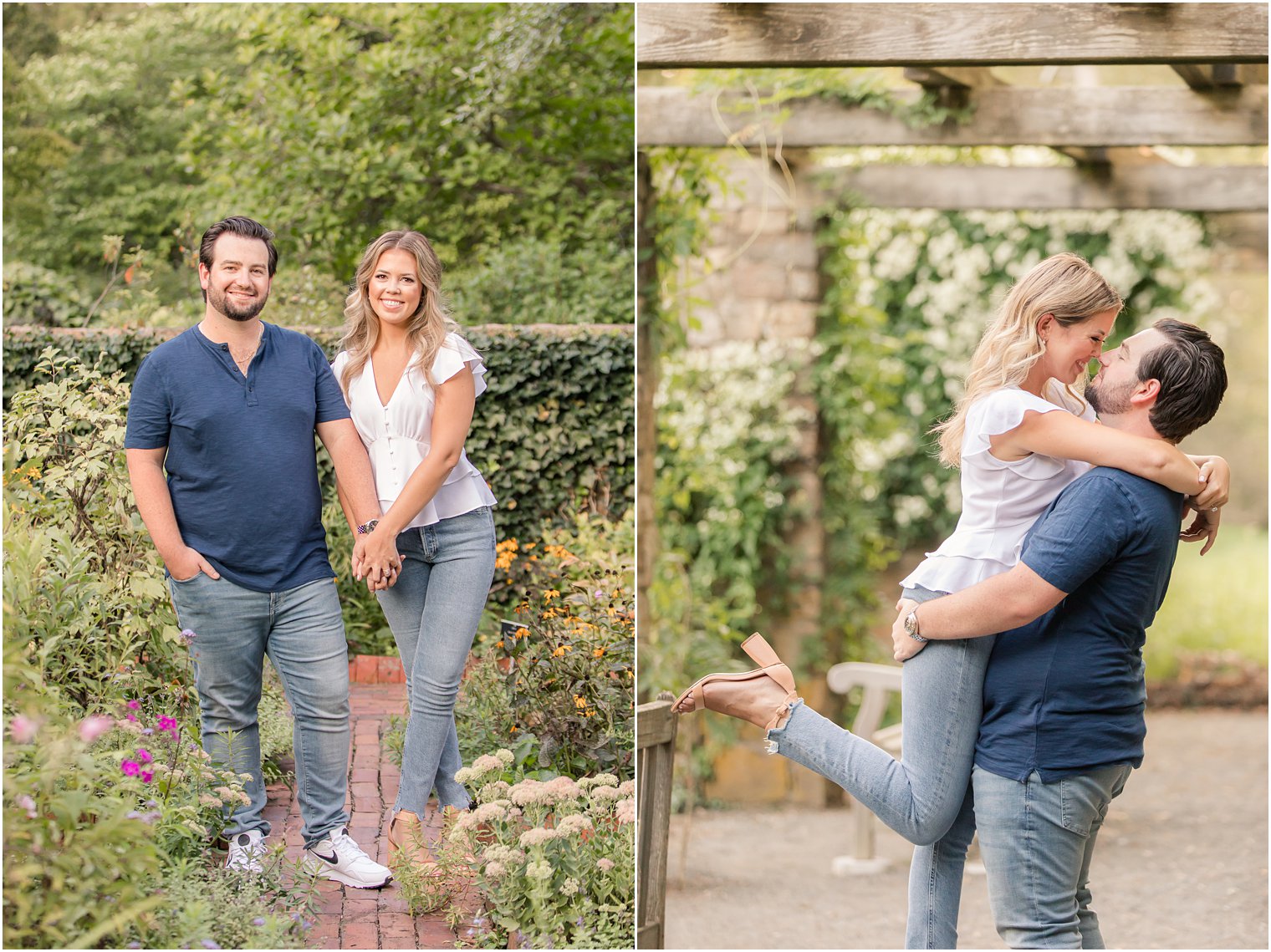 bride and groom walk through gardens in Bernardsville NJ