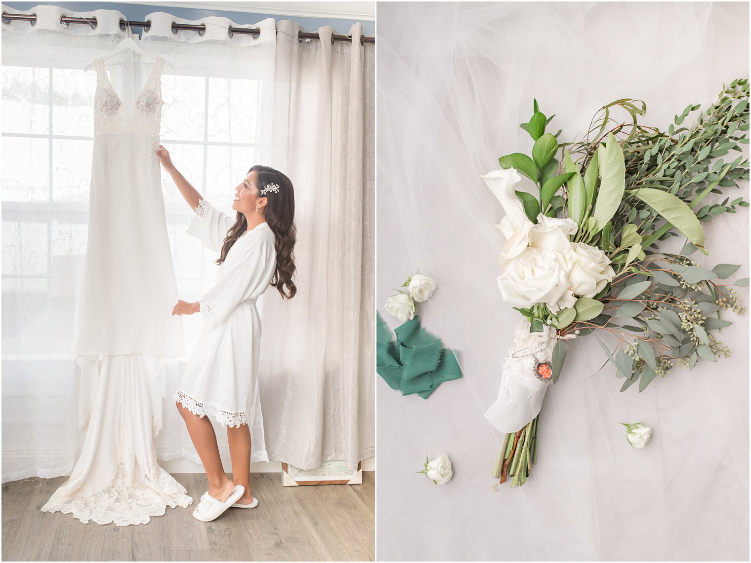 bride looks at wedding dress before Toms River NJ wedding