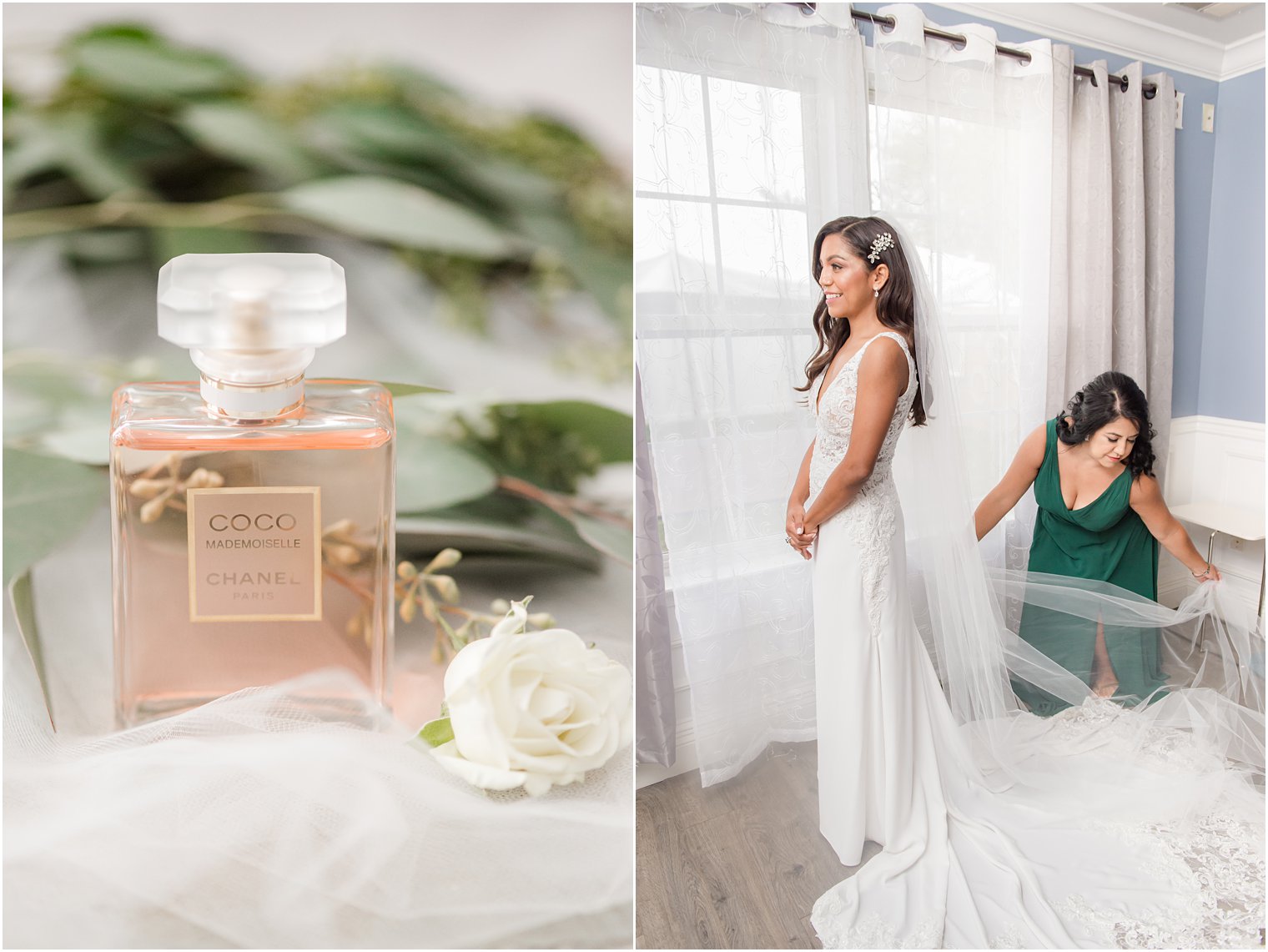 bridesmaid helps bride with veil before NJ wedding