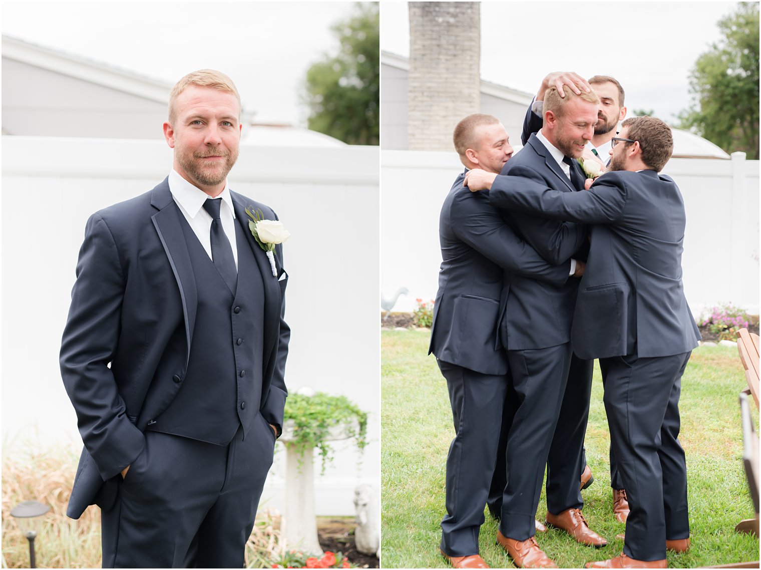 groomsmen hug groom while preparing for Toms River NJ wedding