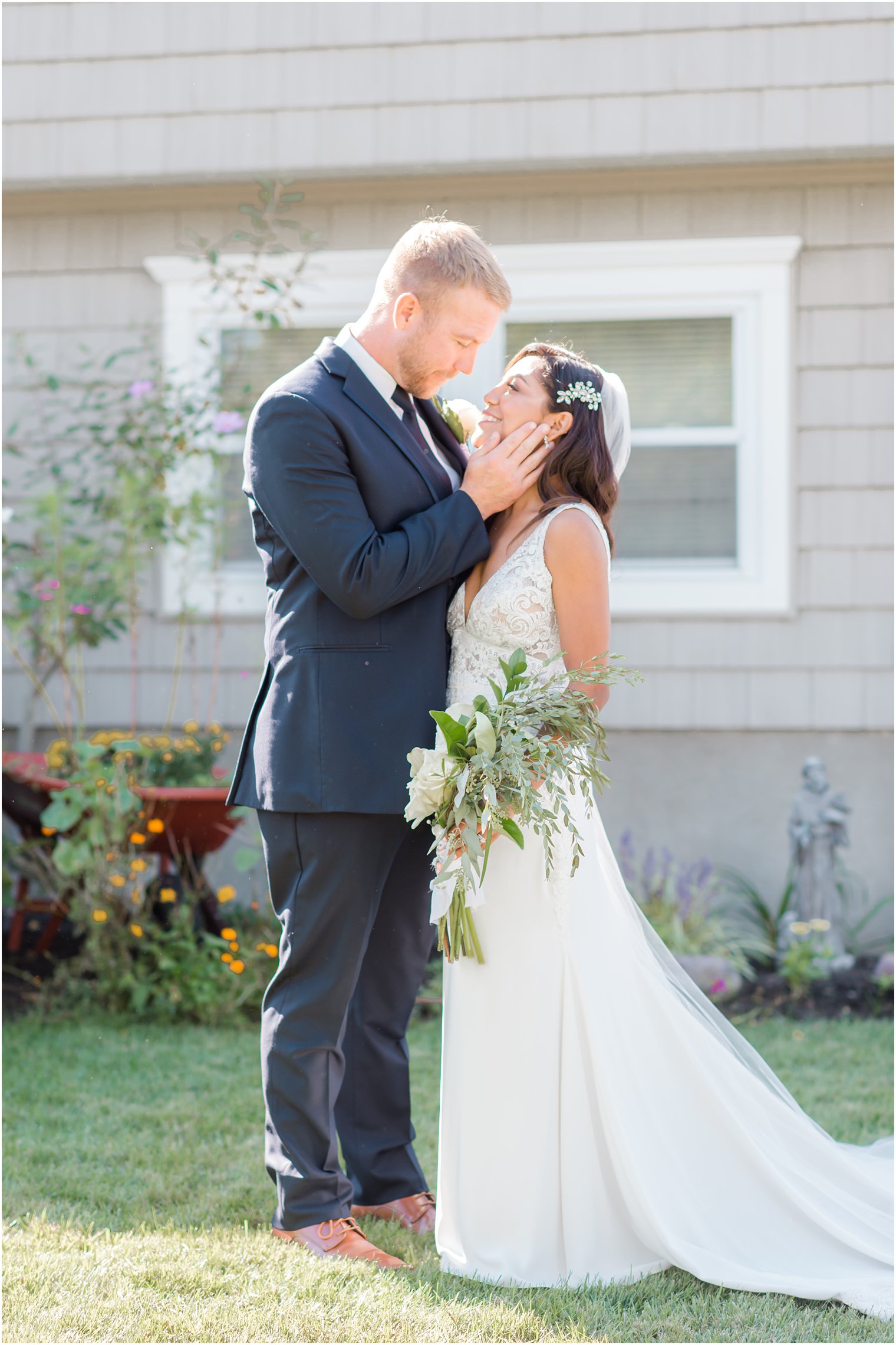 romantic garden wedding portraits of bride and groom in Tom's River NJ 