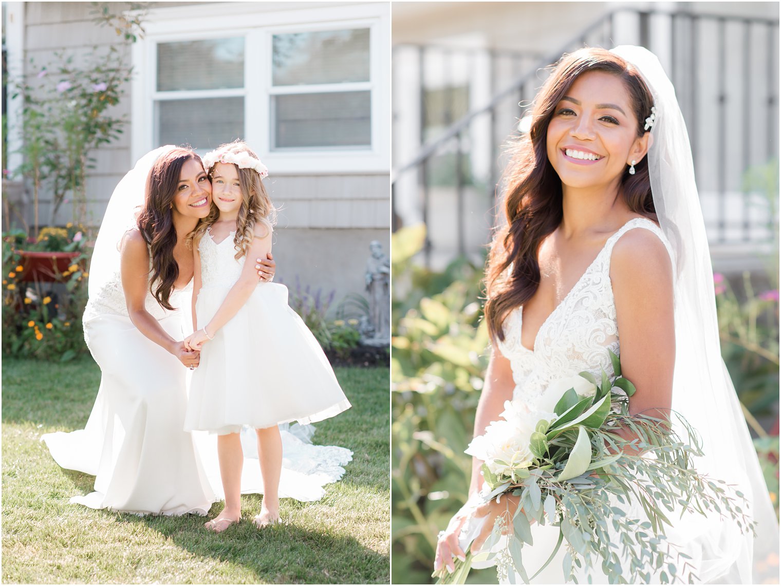 bride poses with flower girl on Tom's River wedding day