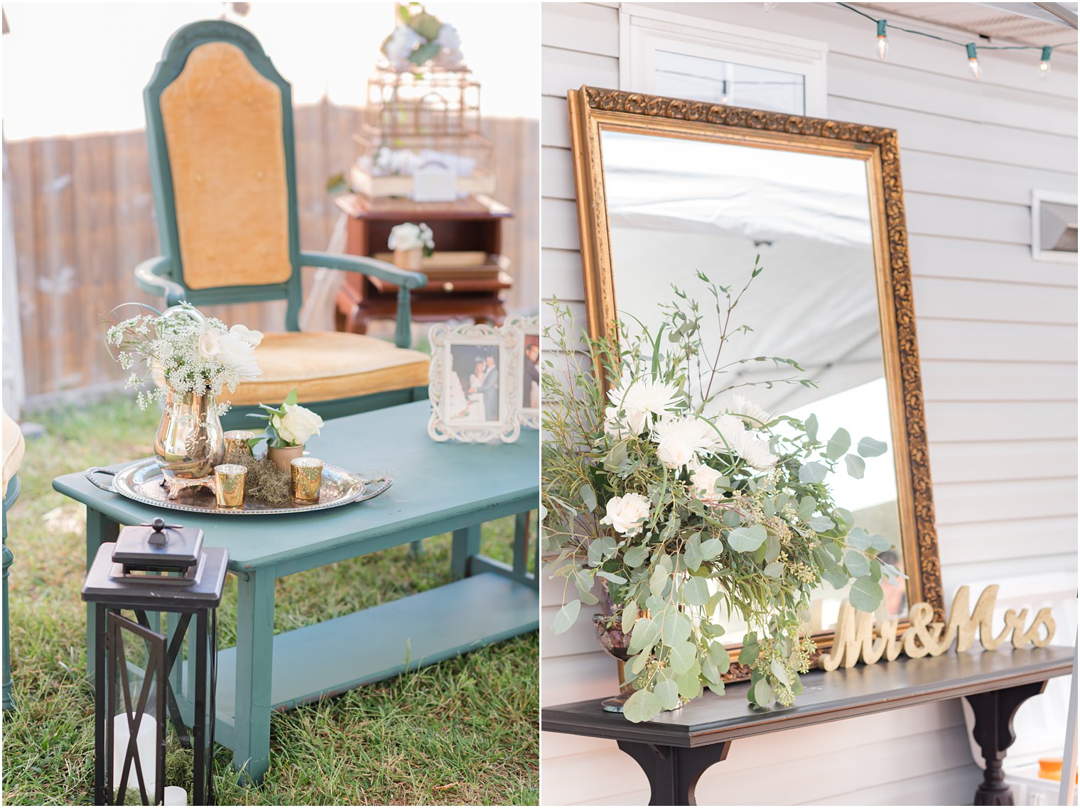 emerald and gold backyard wedding reception details