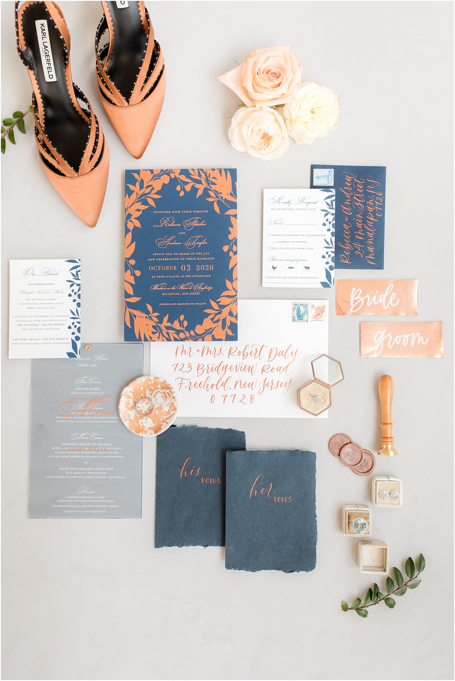 copper and navy blue wedding invitation suite for fall Windows on the Water at Frogbridge wedding