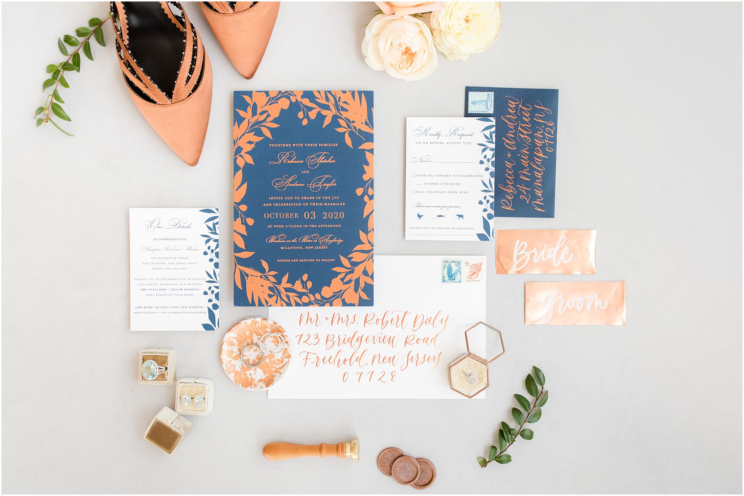 peach and navy modern wedding suite details