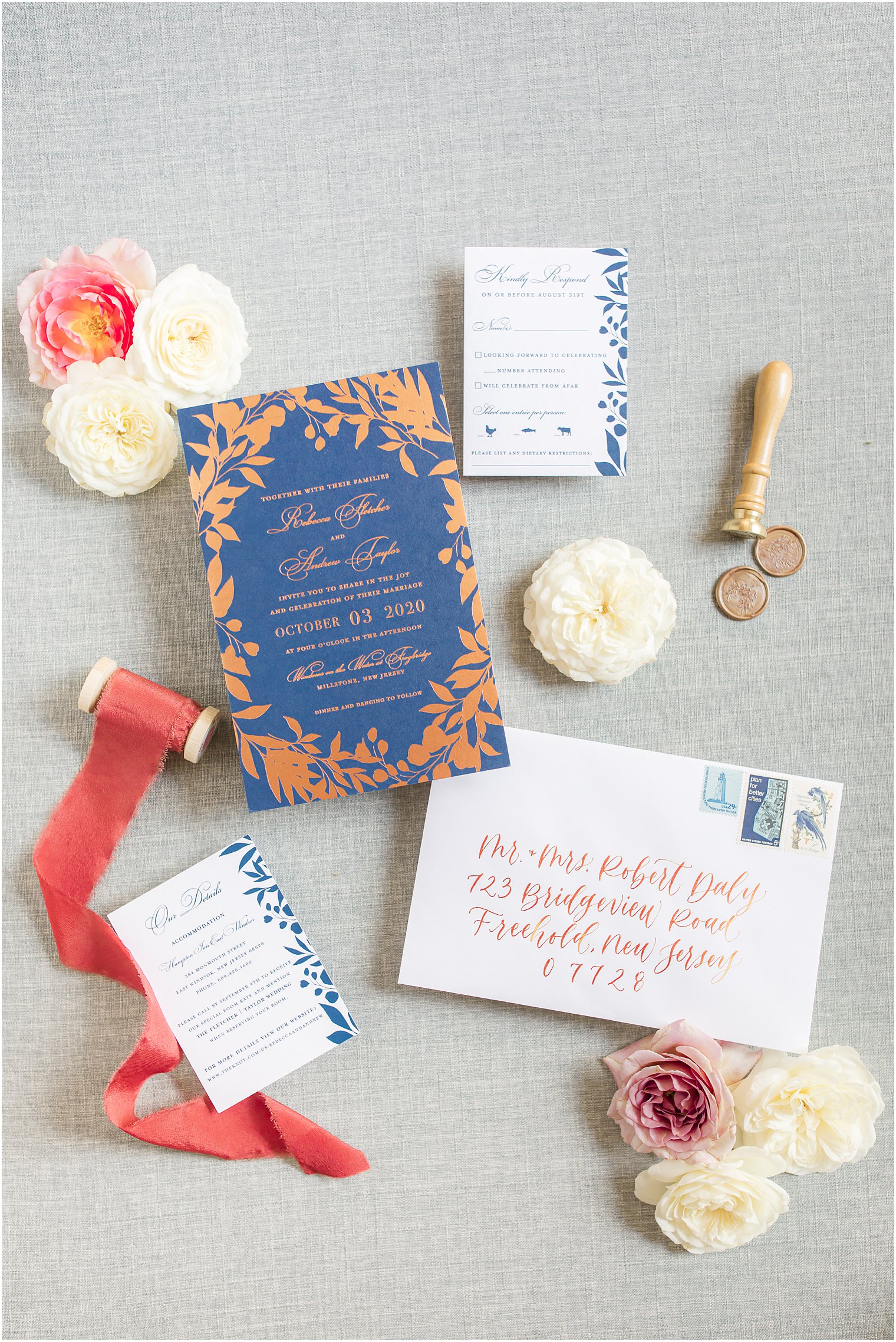 modern wedding suite with copper and navy details