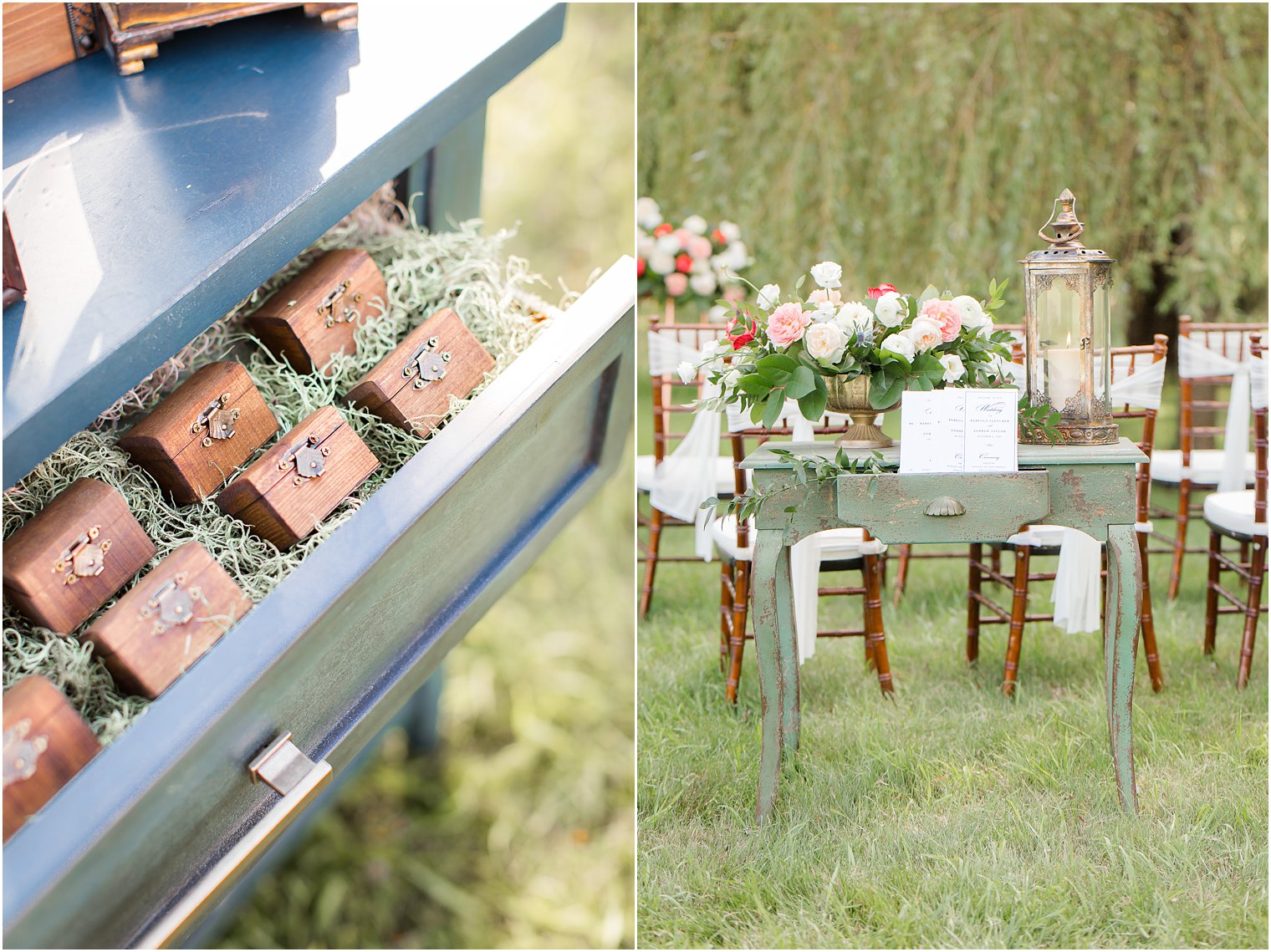 New Jersey wedding reception seating card boxes in blue dresser