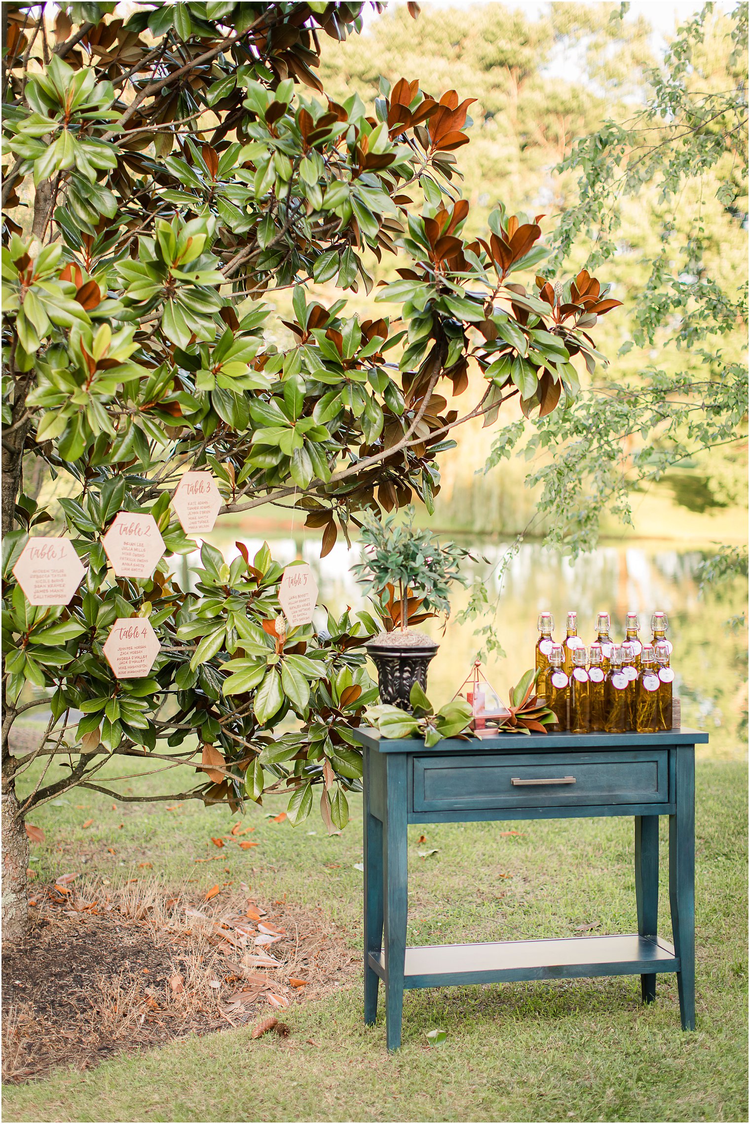 wooden geometric seating chart with favors for outdoor microwedding