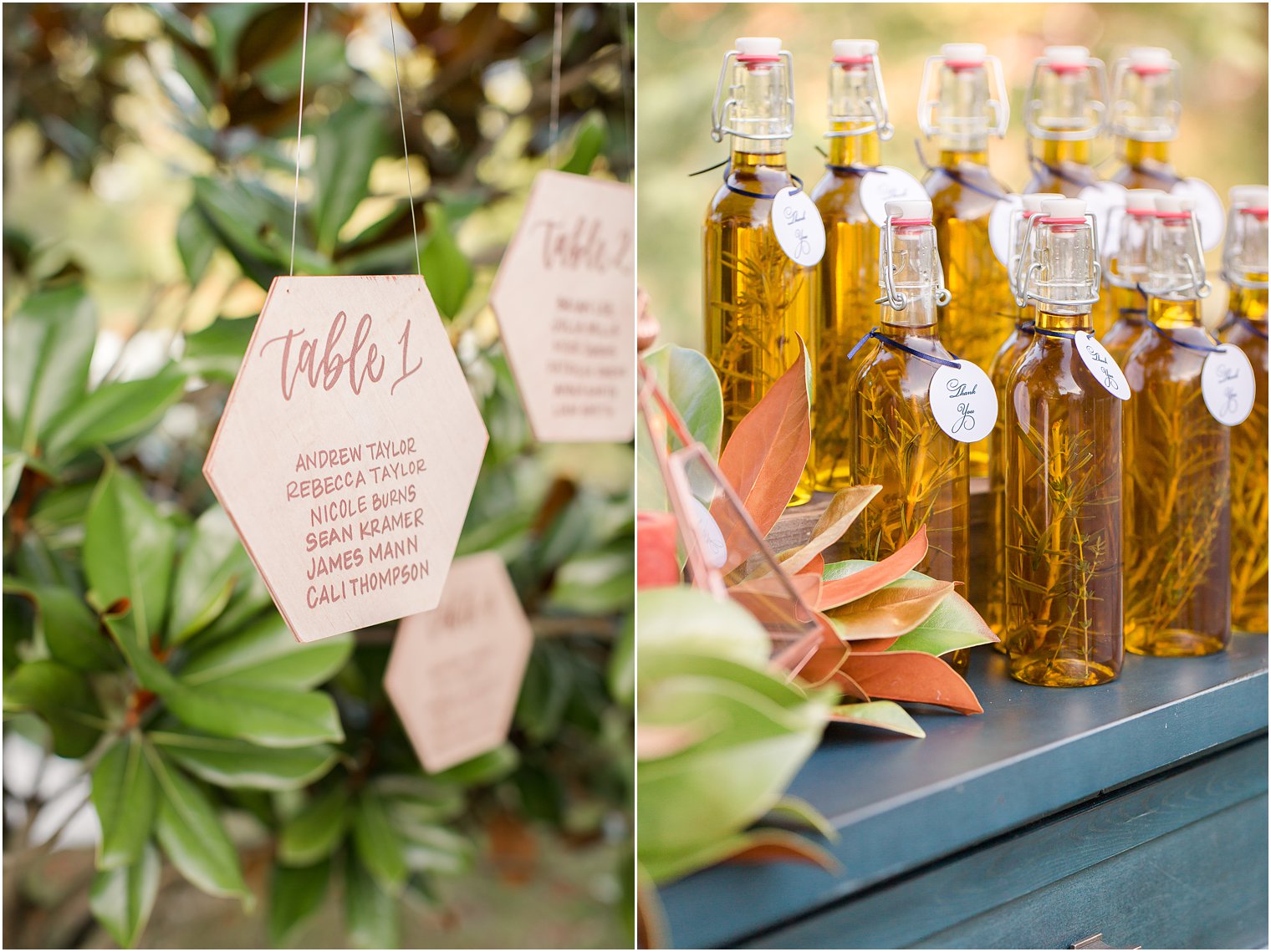 wooden geometric escort cards and favors for fall wedding