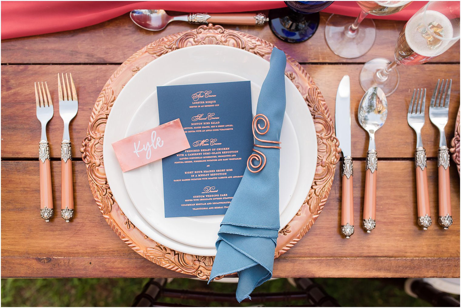 modern fall wedding inspiration for place settings with navy and copper details