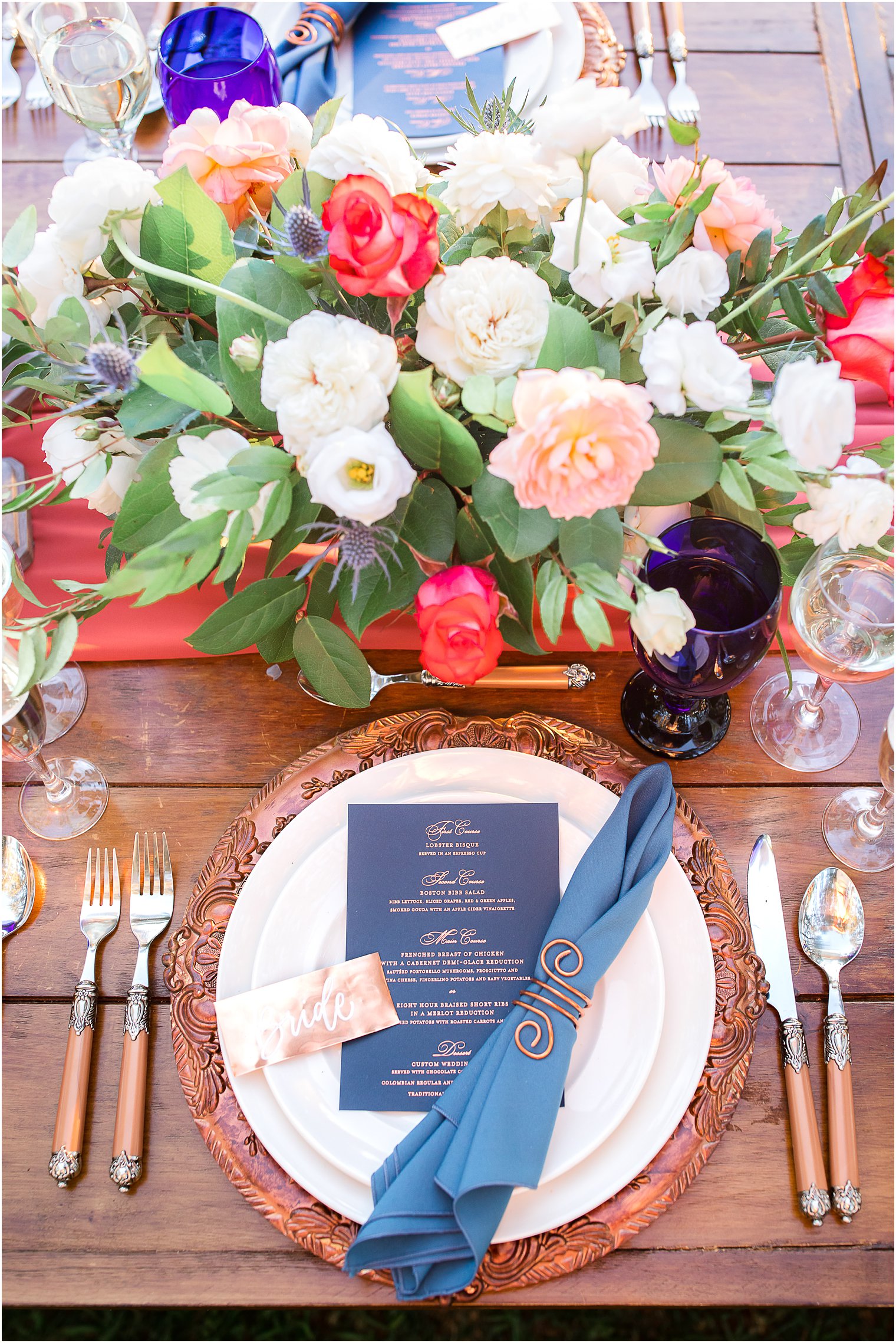 place setting with navy and copper details