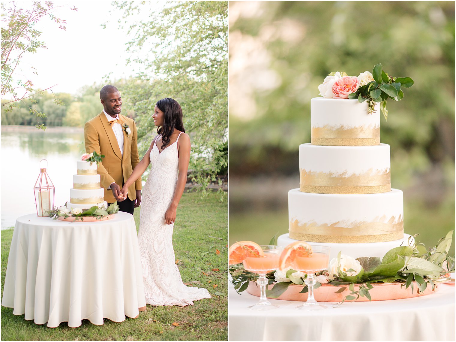 gold foil wedding cake by Chocolate Carousel for fall wedding