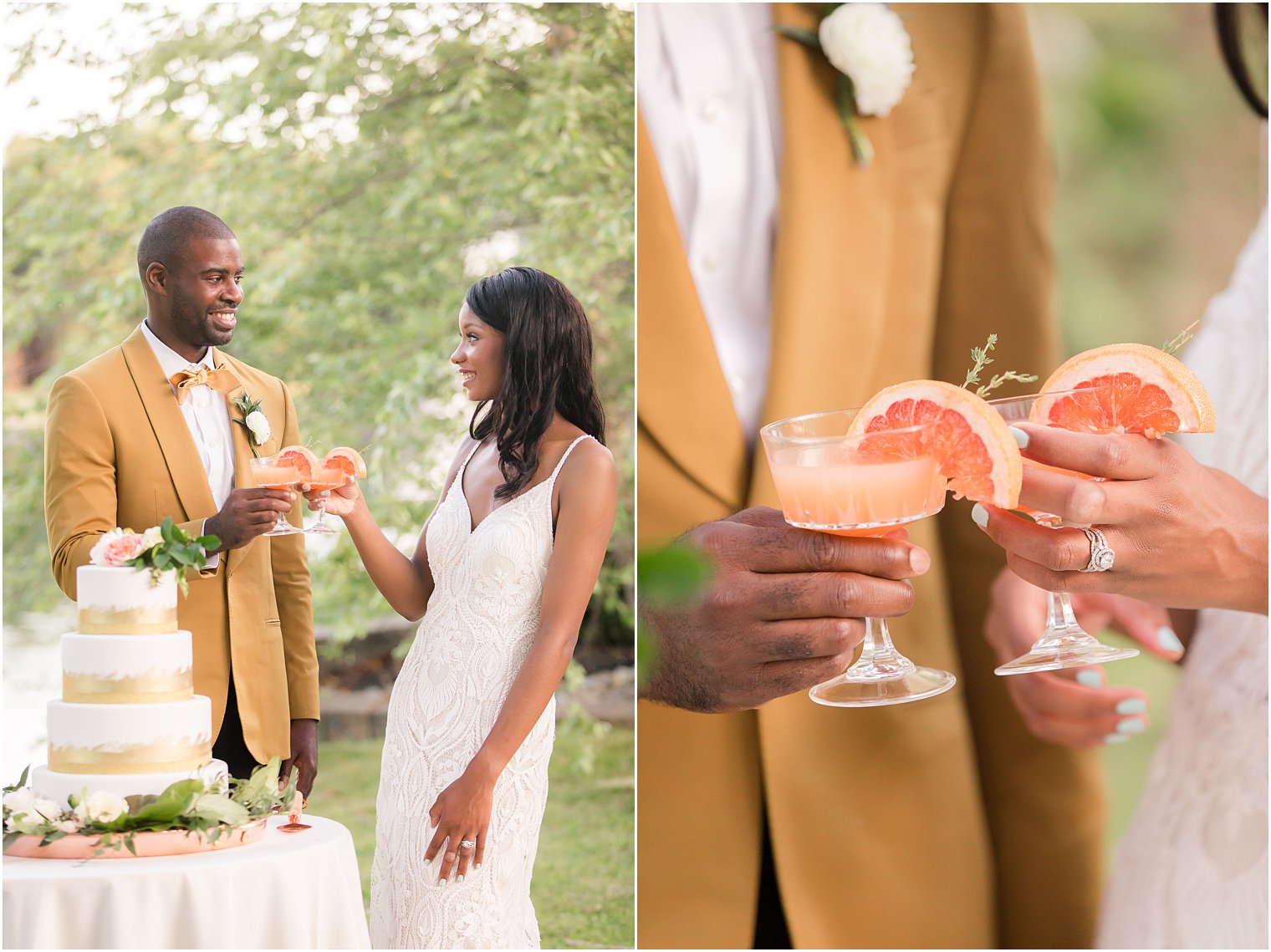 couple toasts with custom gin cocktails at fall wedding