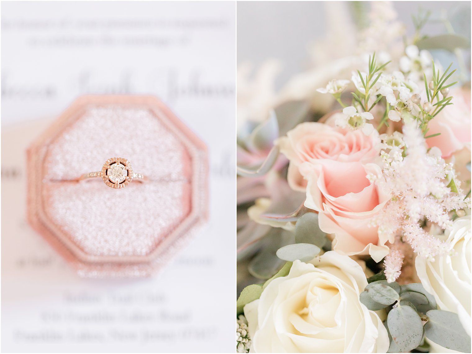 gold ring sits on pastel pink ring box