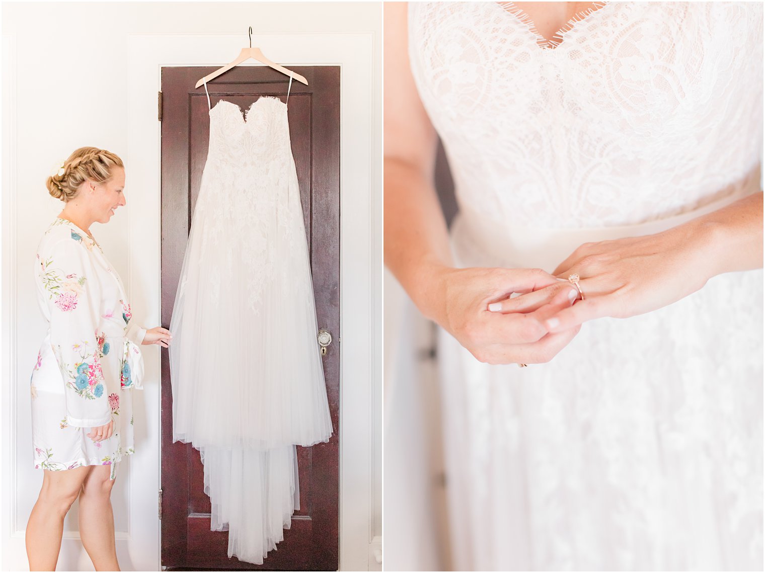 bride looks at wedding dress before NJ wedding