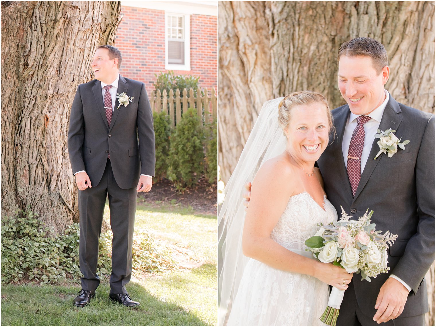 groom sees bride for the first time during first look in New Jersey